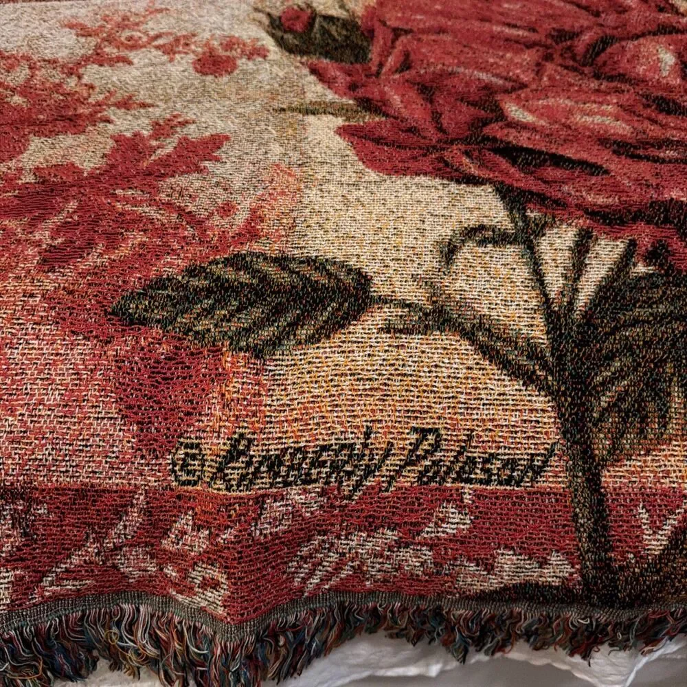 WOVEN TAPESTRY/ THROW KIMBERLEY POLOSON ARTIST BUTTERFLY & ROSE 50” X 60”.  EUC!